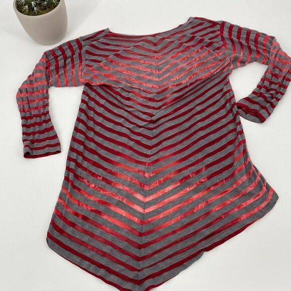 Sundance Mystic Stripe Burn Out Tunic Top Long Sleeve Asymmetric Red/Grey medium - Picture 3 of 6